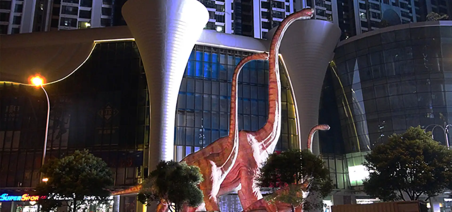 Twenty metre animatronic brachiosaurus installed in a shopping mall atrium