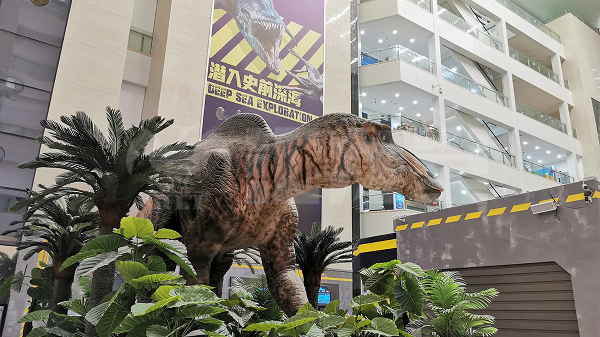 Dinosaur models installed in a shopping mall display area