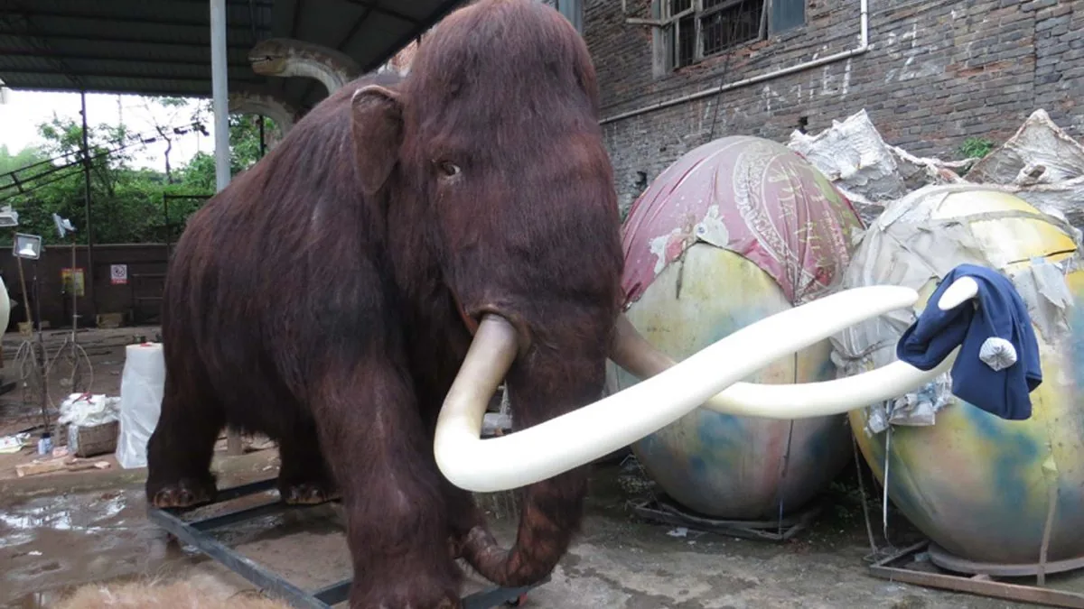 Life-size animatronic woolly mammoth with curved tusks on display