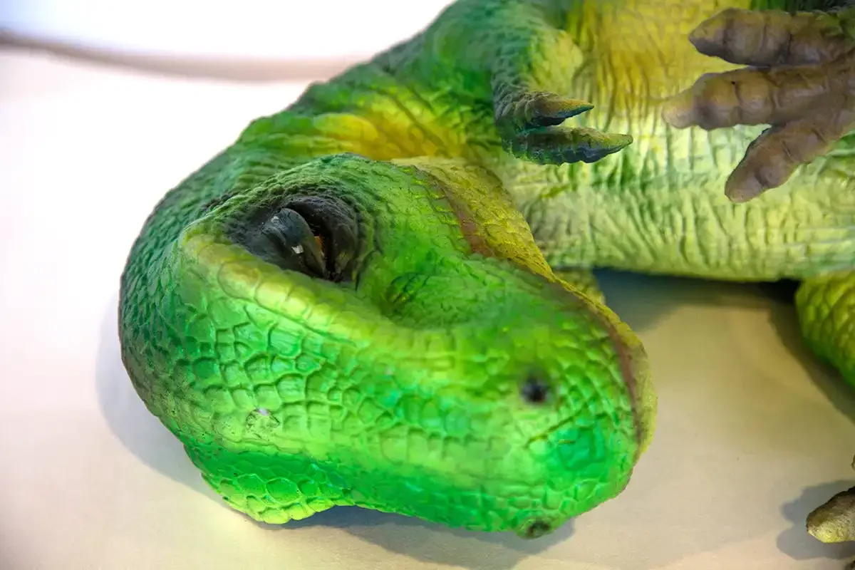 Head detail of the interactive baby dinosaur puppet showing the eye and jaw hinge