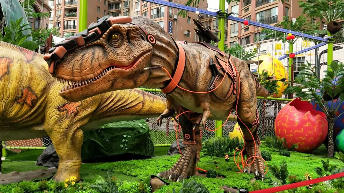 Cyberpunk animatronic T-rex with bolted armour plates and orange cable detailing at a shopping mall plaza