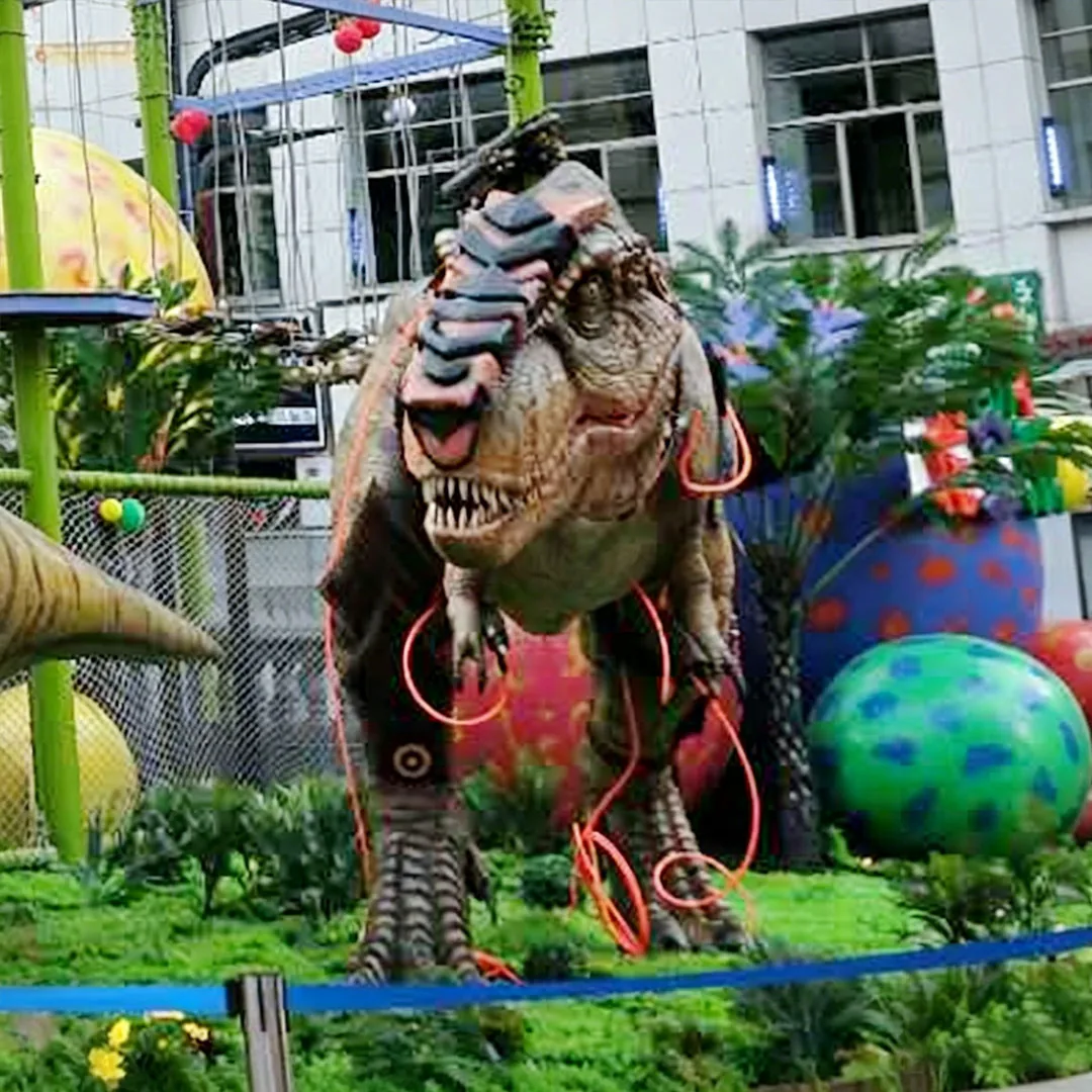 Front view of the cyberpunk mecha T-rex showing the armoured skull, LED ring on the leg and exposed cabling