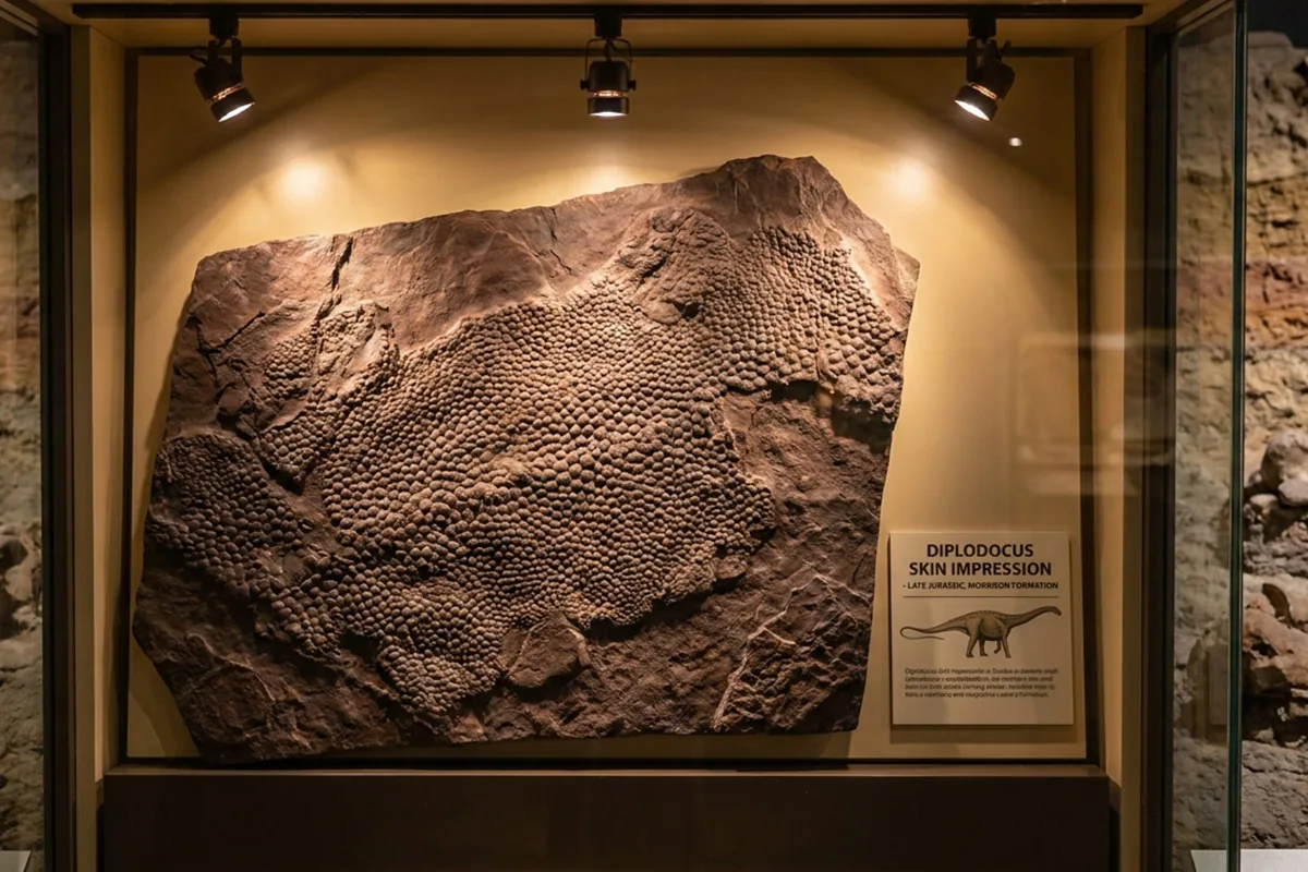 Diplodocus dinosaur skin fossil replica with hexagonal scale pattern