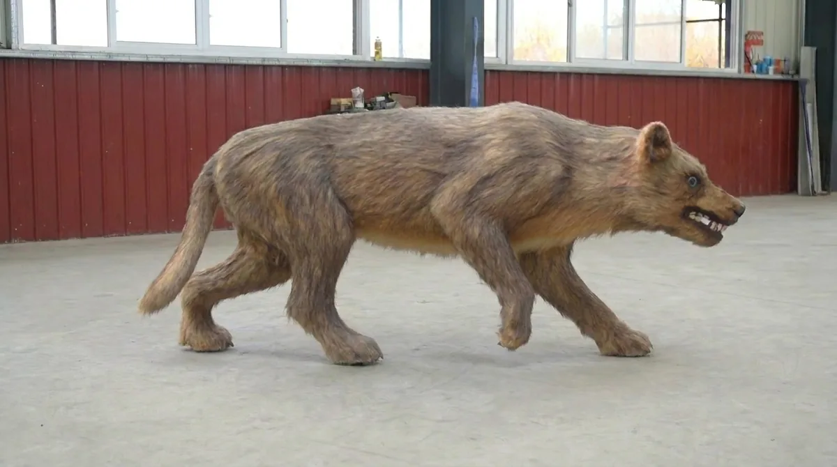 Animatronic dire wolf in a walking stance with a heavy skull, deep chest and coarse tawny coat