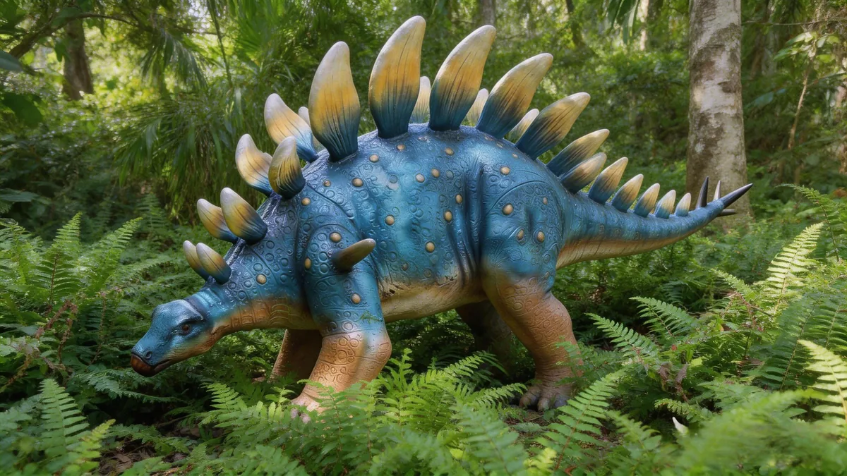 Animatronic Kentrosaurus model standing among ferns with spikes along its back and tail
