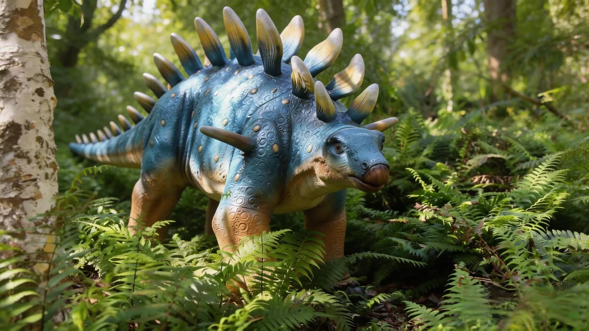 Front three-quarter view of an animatronic Kentrosaurus showing the small head and double row of back spikes