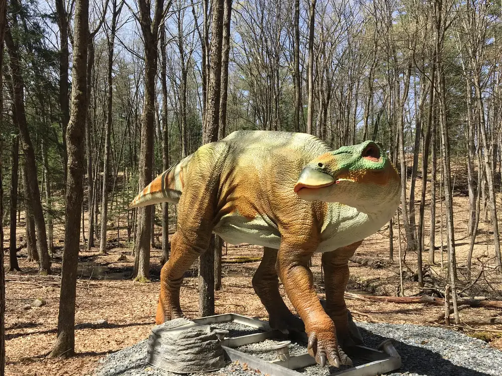 Plinth-mounted animatronic quadruped on a wooded trail
