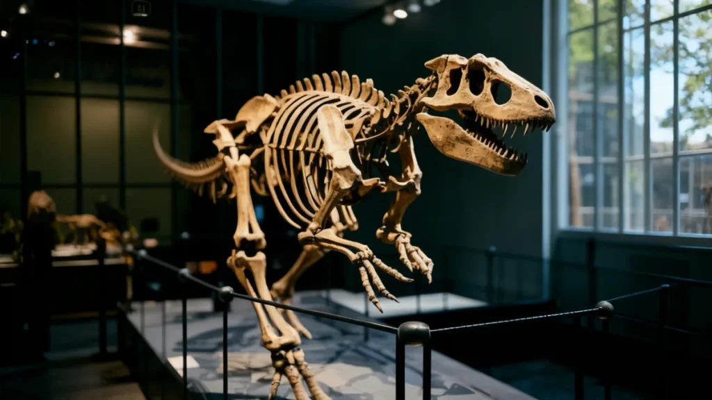 Large dinosaur skeleton display installed outdoors as a park landmark