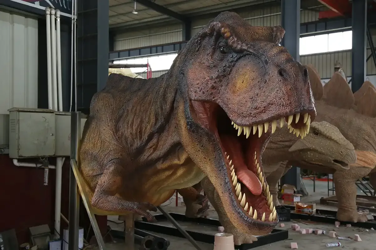 Gesture-triggered T-Rex reacting to a visitor in front of the exhibit.