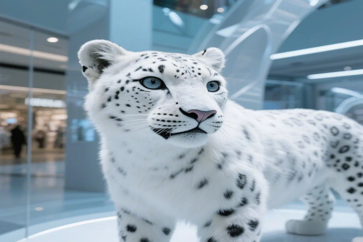 Animatronic snow leopard in a mall display with pale rosette-spotted coat and pale blue eyes