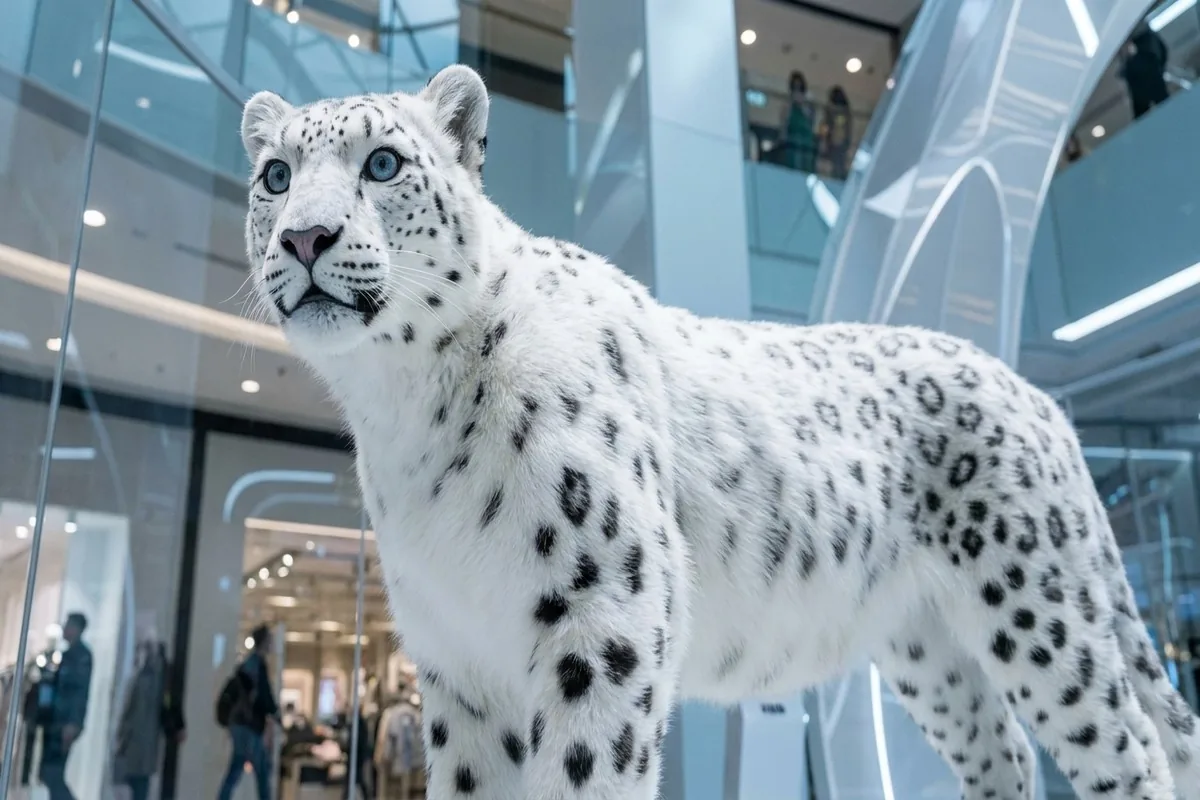 Three-quarter view of an animatronic snow leopard showing the long thick tail and spotted flanks
