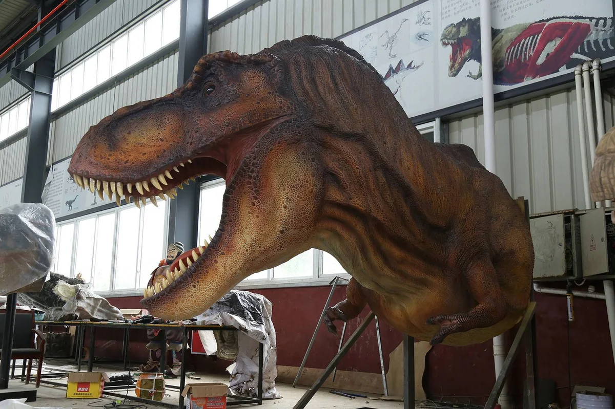 T-Rex animatronic model half-body showcasing patented surface finish technology