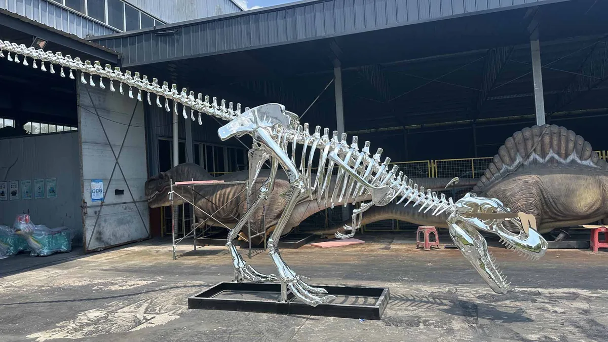 Life-size T-Rex skeleton replica mounted for museum display