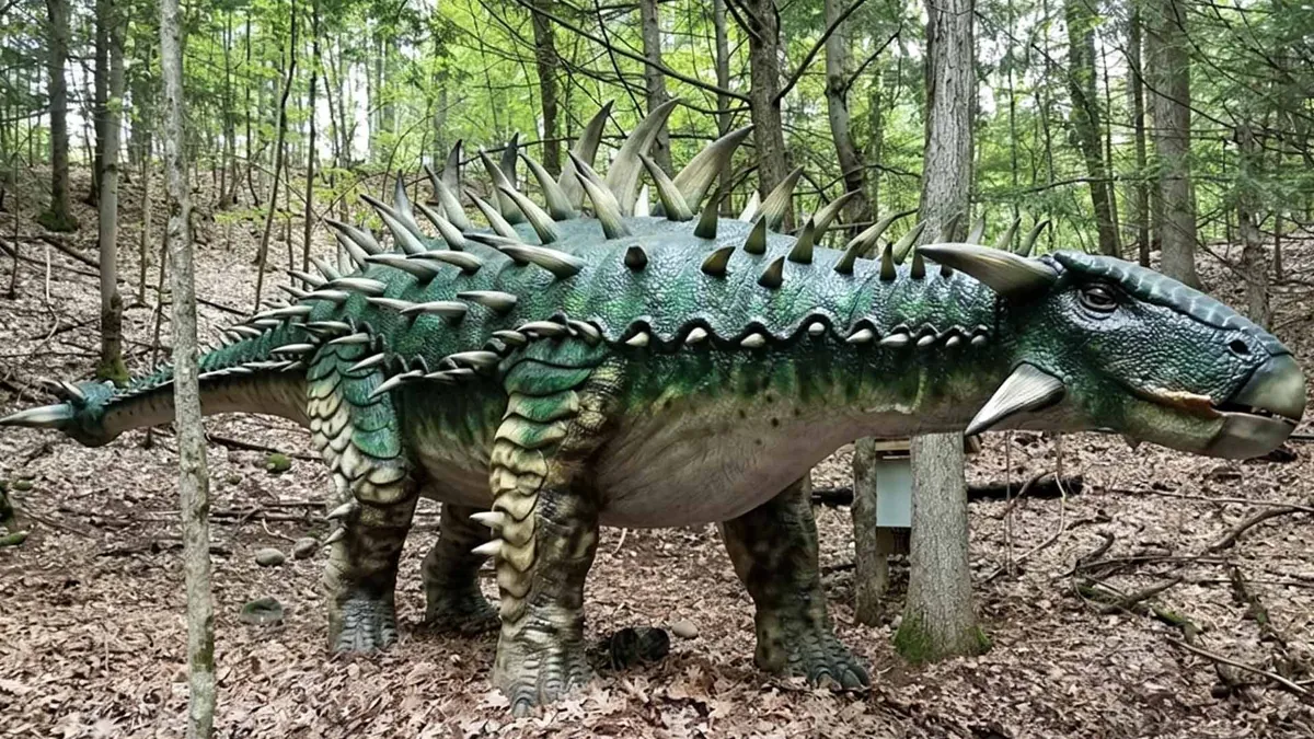 Life-size animatronic Ankylosaurus with full body armor, spikes, and tail club, displayed in a forest setting. Green and tan armored skin with detailed osteoderms and lateral spikes. Custom herbivore dinosaur for zoo trails.