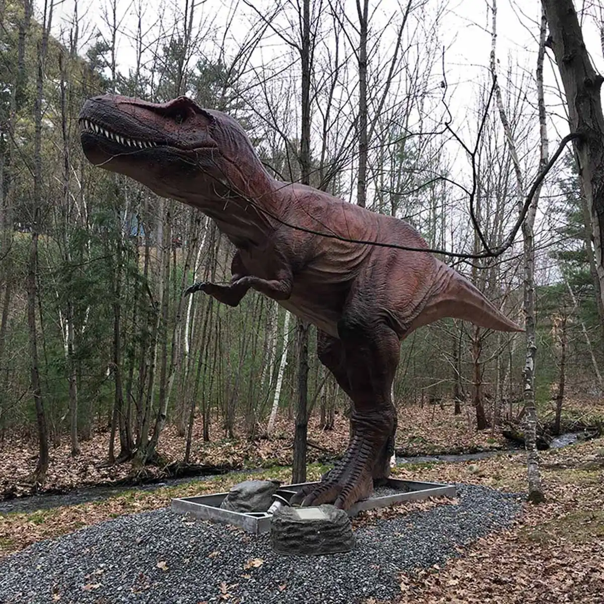 Life-size animatronic T-Rex (Tyrannosaurus rex) in a roaring pose, standing on a base in a wooded outdoor exhibit. Brown weatherproof skin finish with textured scales, articulated jaw, and lifelike proportions. Built for theme park centerpieces.