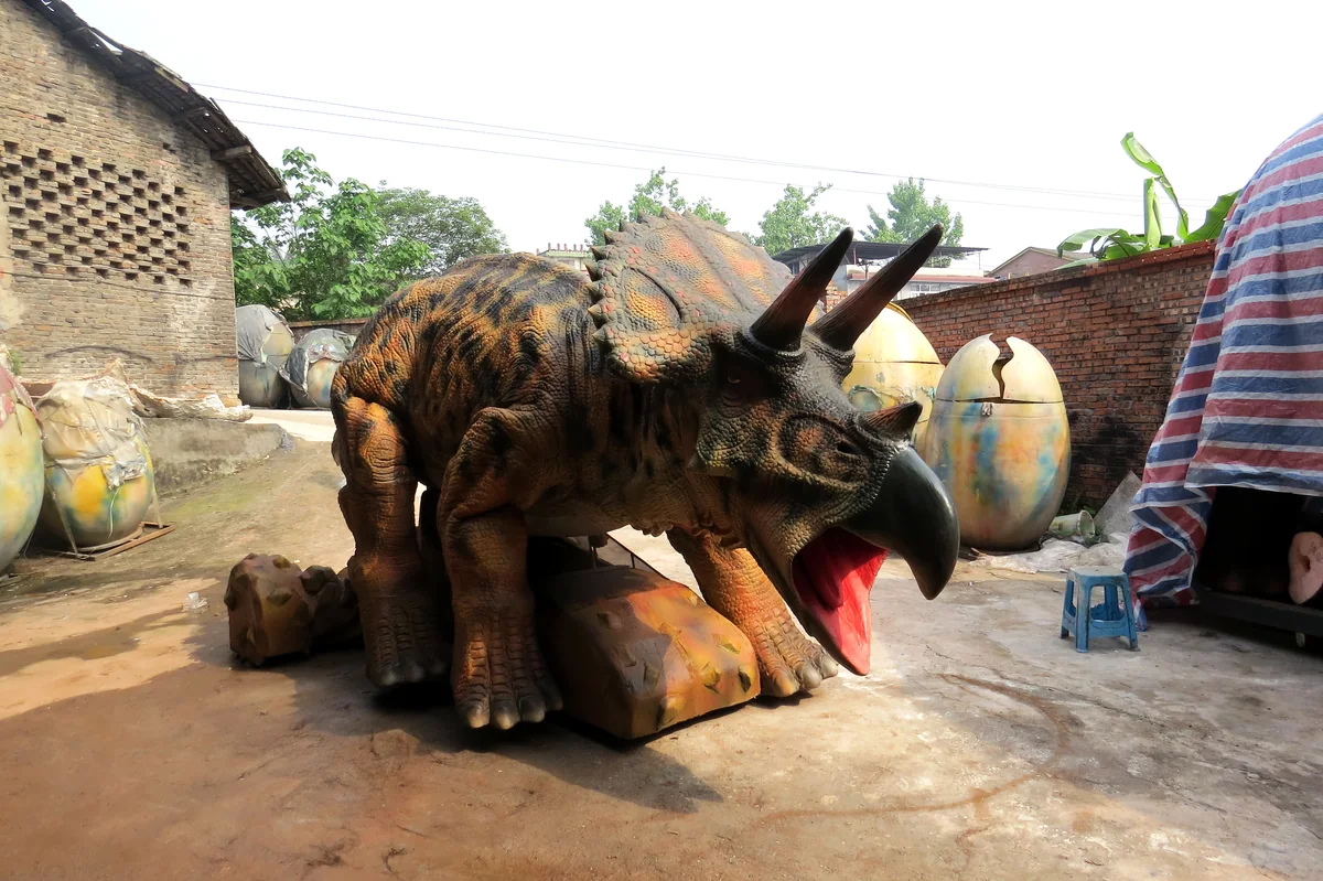 Triceratops ride unit standing outdoors with the head turned and jaw open
