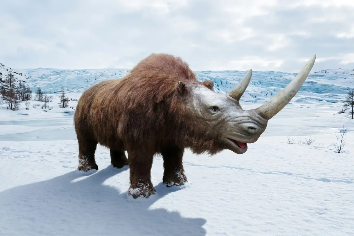 Animatronic woolly rhino standing on a snowfield with its long front horn and reddish brown coat