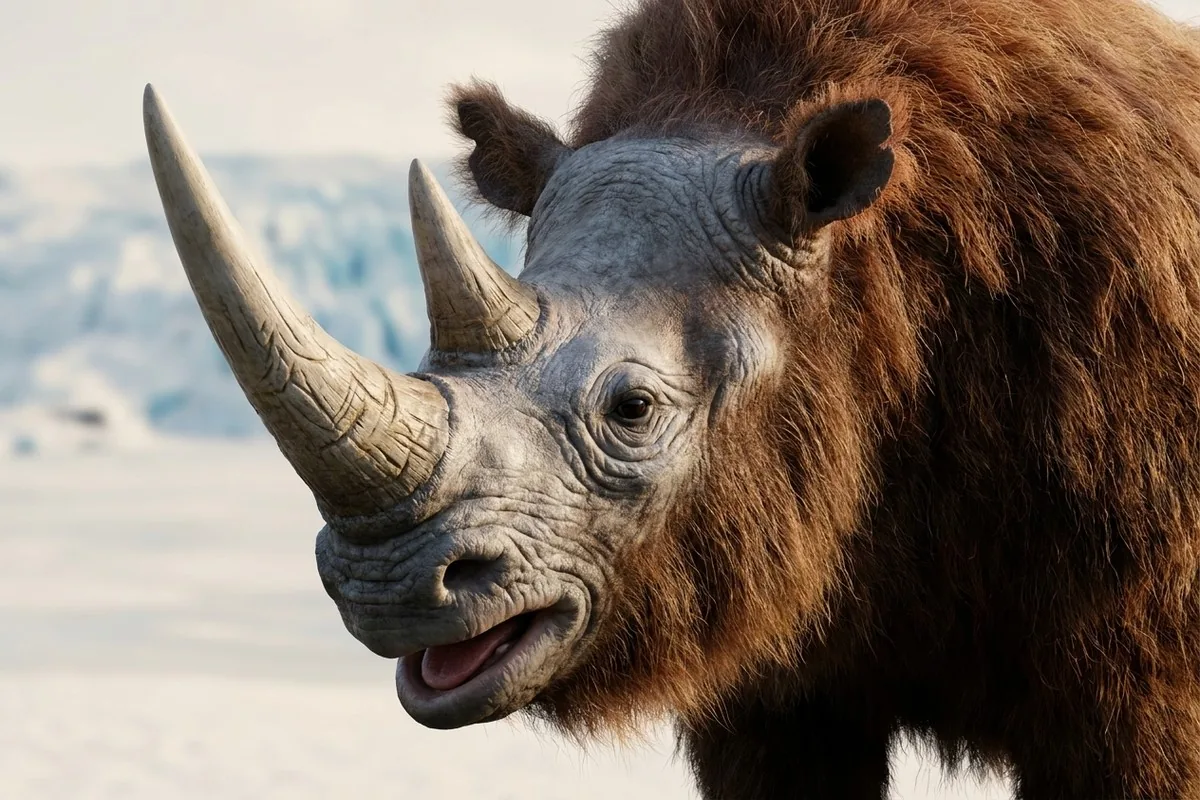 Close-up of the animatronic woolly rhino head showing horn grain, skin folds and the woolly undercoat