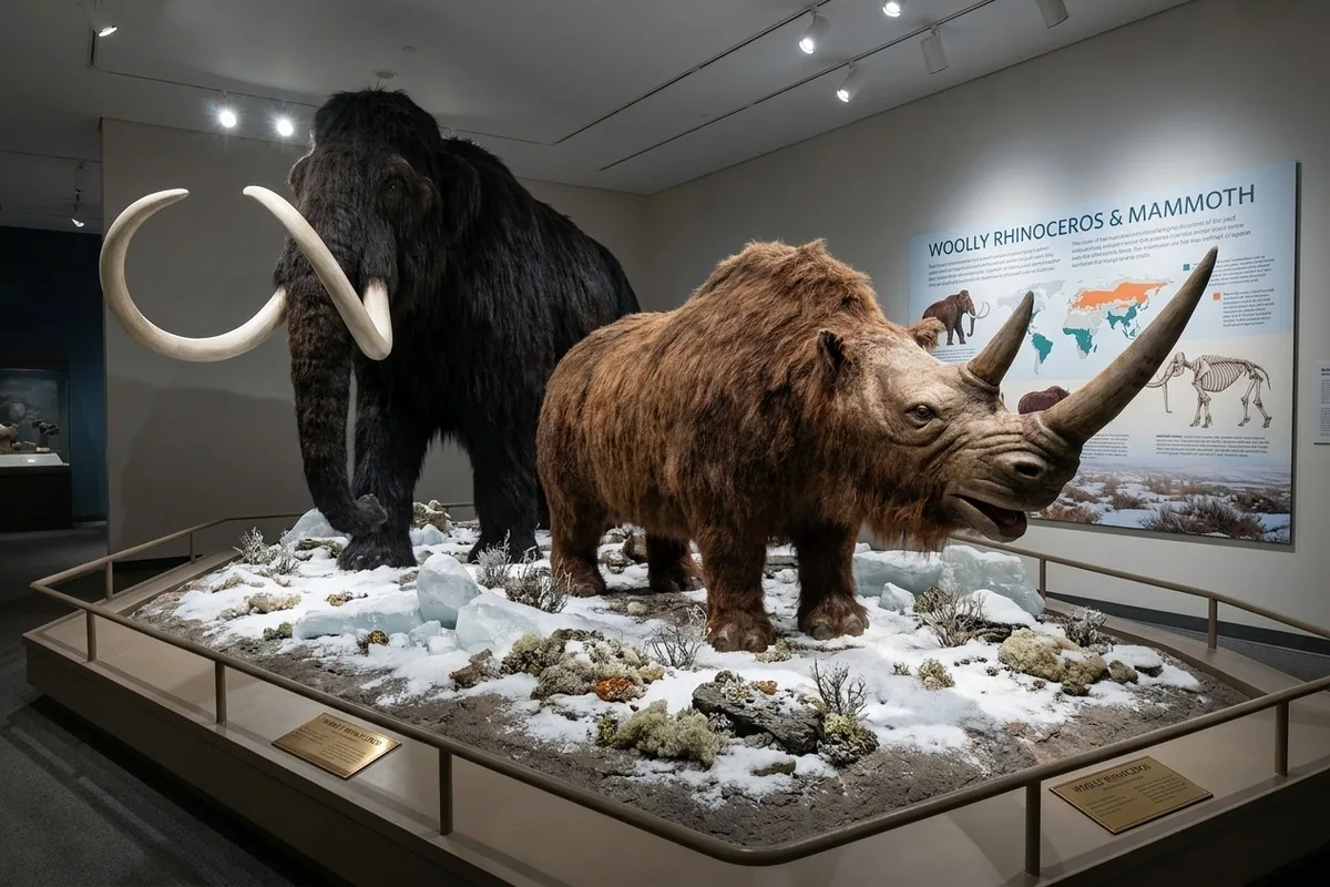 Woolly rhino and woolly mammoth animatronic models staged together on a museum diorama platform
