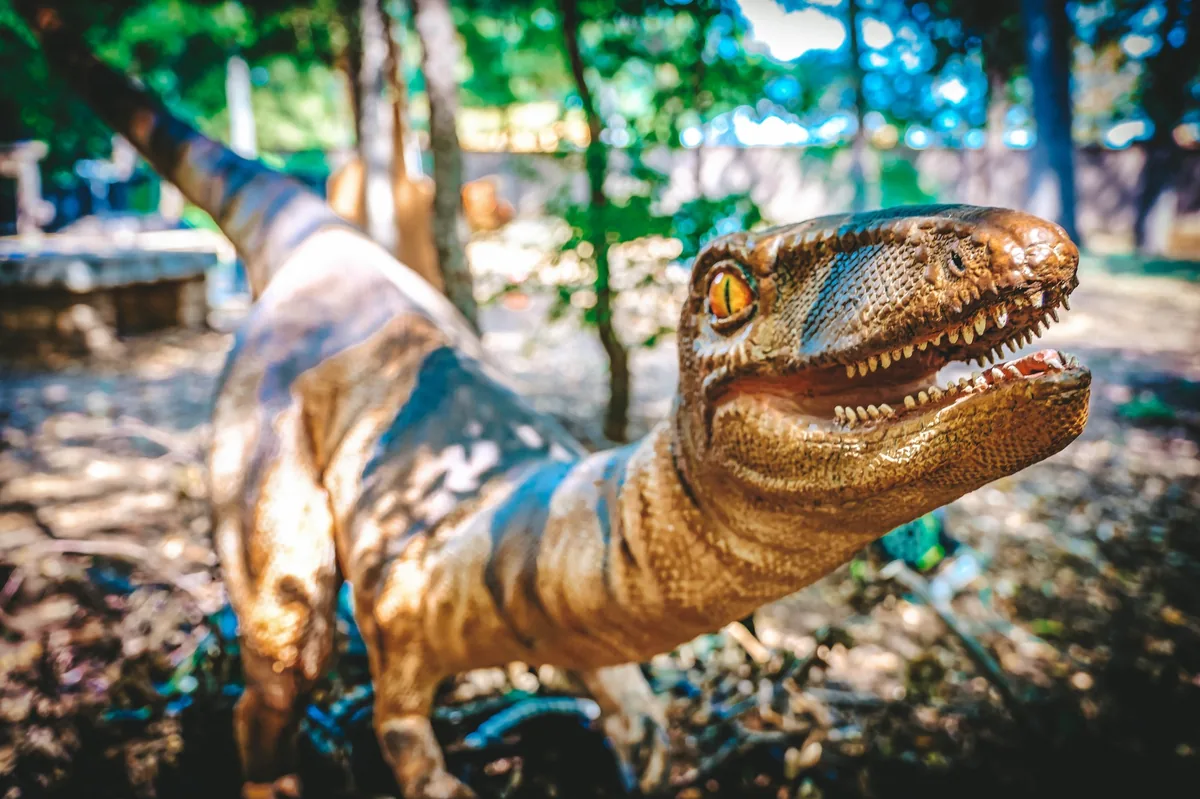 Prehistoric park trail with zoo animatronic animals
